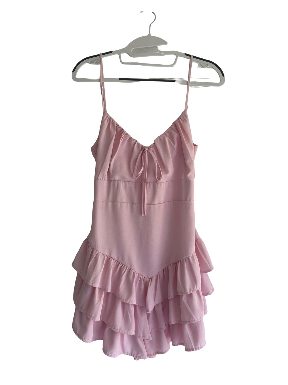 Tiered Ruffle Mini Dress in Soft Pink with Tie Front